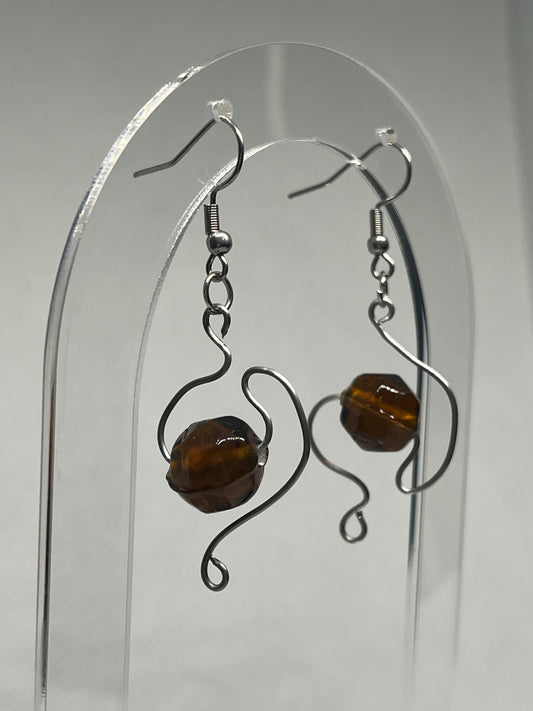 Amber Nebula | Brown Beaded Wire Design Earrings